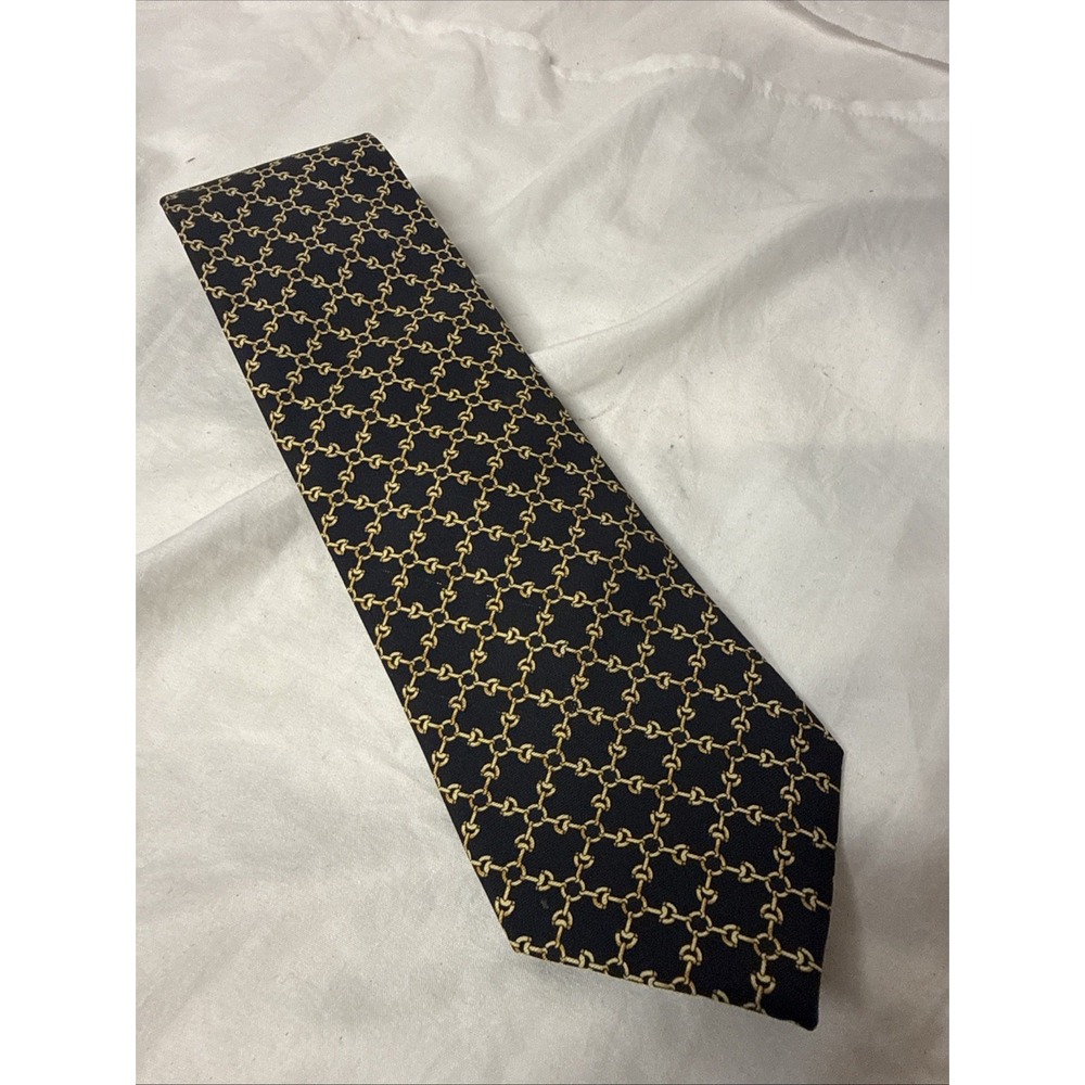 VTG Joseph A Banks Tie Black Gold Chain Equestrian Stirrup Bit Silk 3.5"